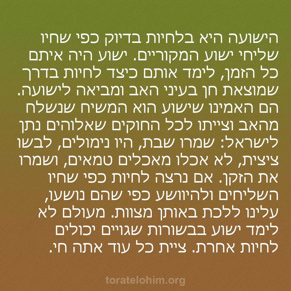 b0009 - פוסט על תורת אלהים: הישועה היא בלחיות בדיוק כפי שחיו שליחי ישוע המקוריים. ישוע היה...