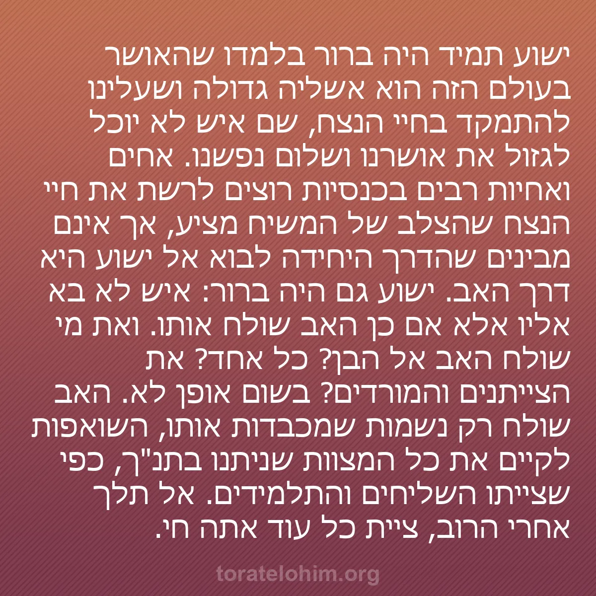 b0206 - פוסט על תורת אלהים: ישוע תמיד היה ברור בלמדו שהאושר בעולם הזה הוא אשליה גדולה ושעלינו...