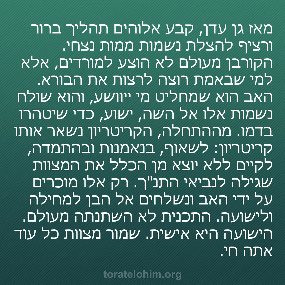 b0260 - פוסט על תורת אלהים: מאז גן עדן, קבע אלוהים תהליך ברור ורציף להצלת נשמות ממות נצחי....