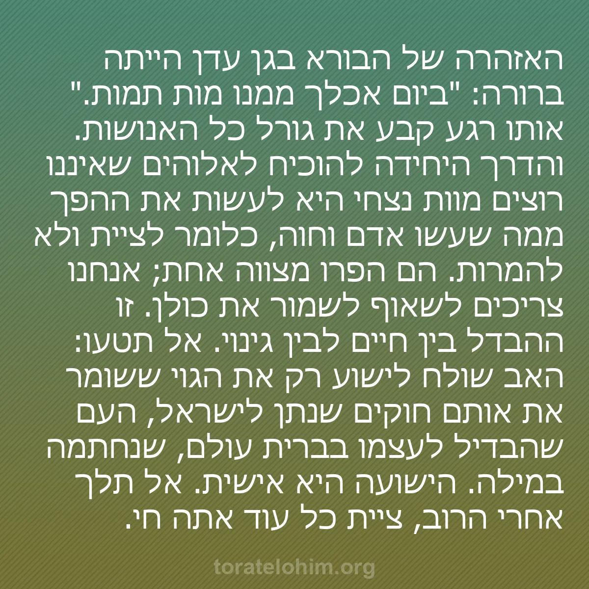 b0303 - פוסט על תורת אלהים: האזהרה של הבורא בגן עדן הייתה ברורה: "ביום אכלך ממנו מות תמות."...